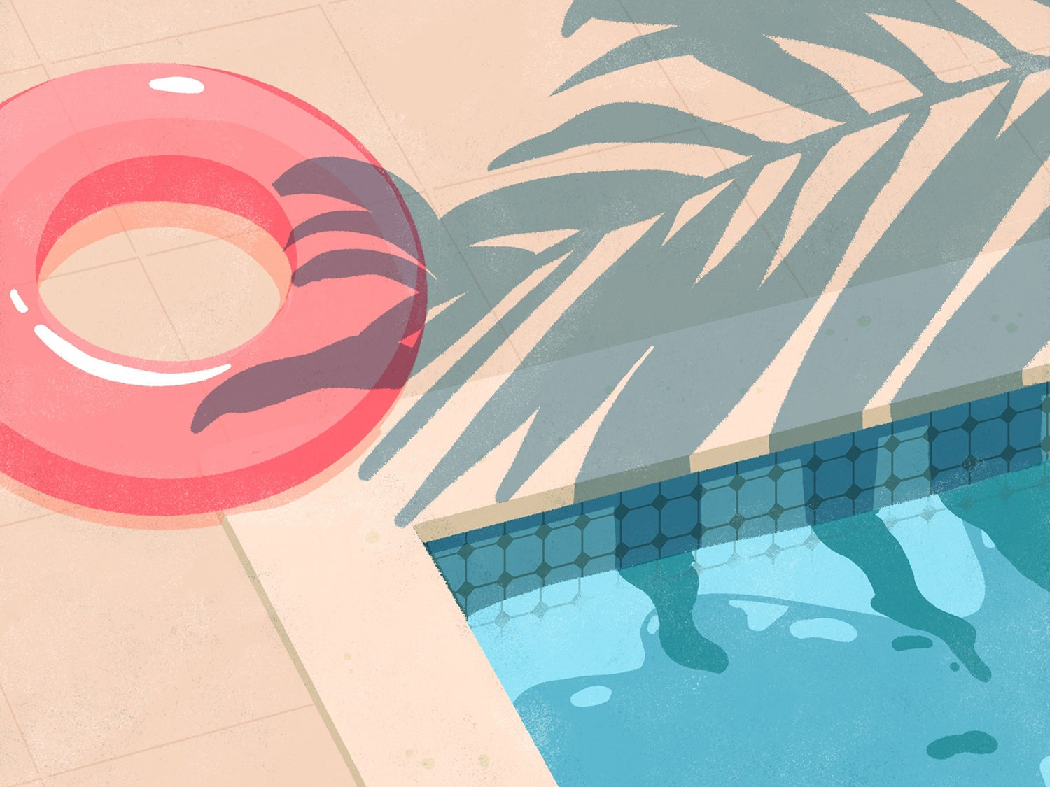 a graphic design of a pool with a palm leaf shadow and a pink floaty